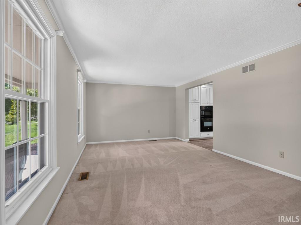 Light-toned walls, crown molding, and white window frames