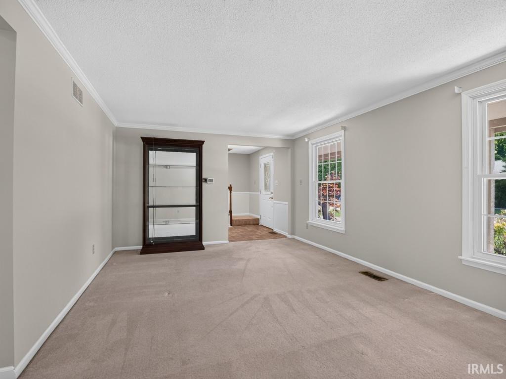 Neutral-toned carpet flooring with white baseboards, crown molding, and multiple windows providing natural light