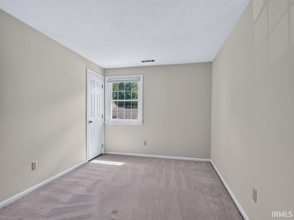 Neutral wall paint, carpet flooring, a single window, and a paneled door