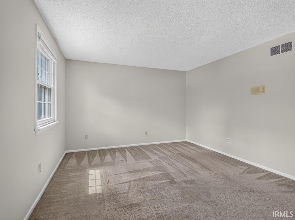 Textured carpeting, light-toned walls, and a double-hung window with white trim