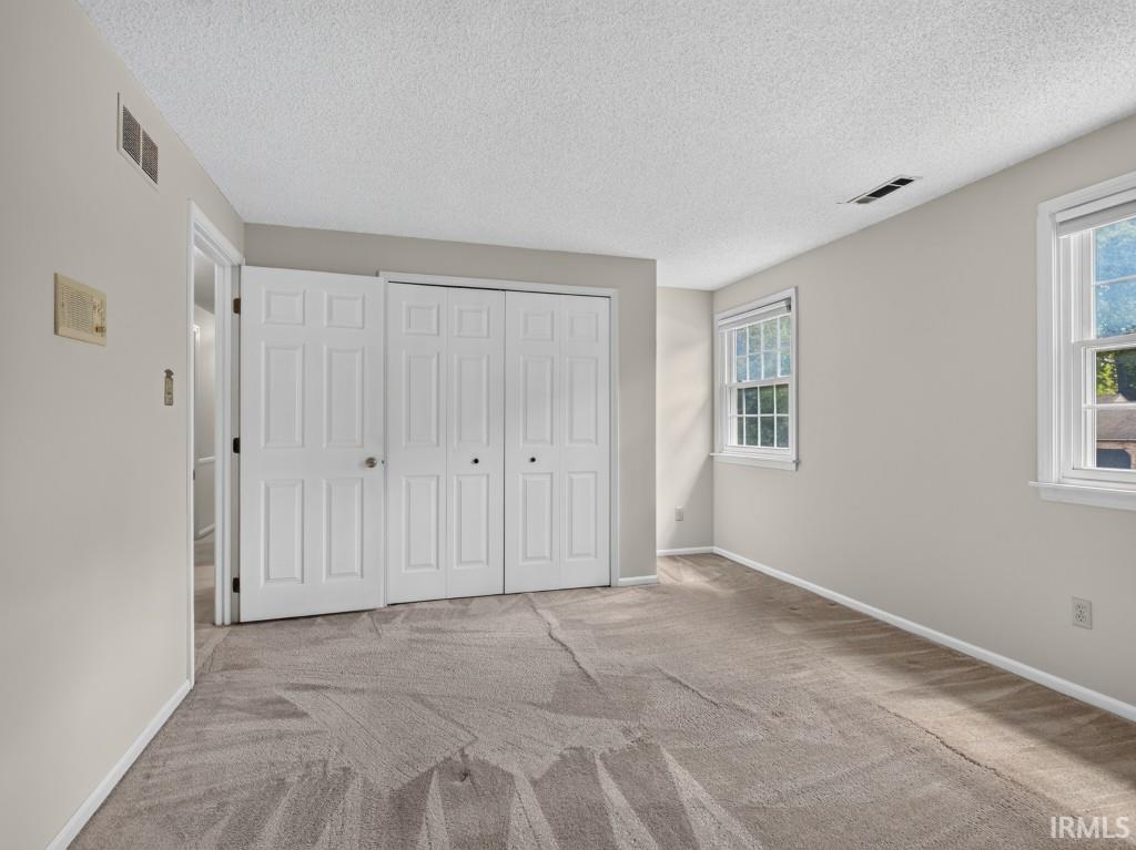 Light gray wall paint with white trim, two multi-pane windows, and a carpeted floor