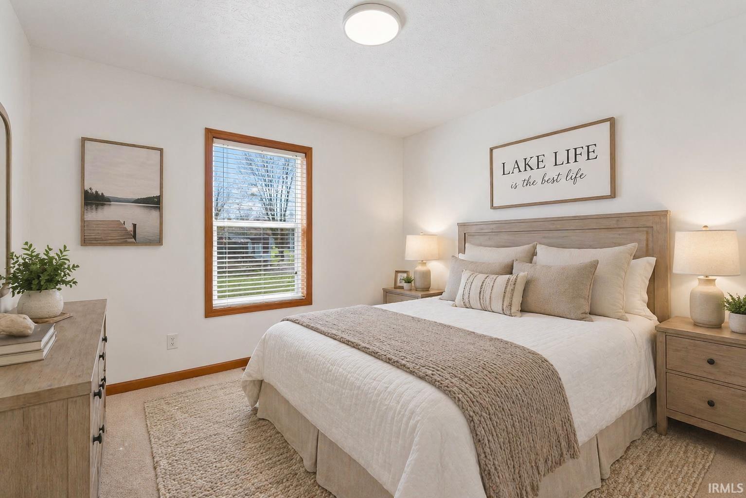 Bright bedroom featuring a single window with wood trim, a flush-mount ceiling light fixture, and light-toned wall-to-wall carpeting