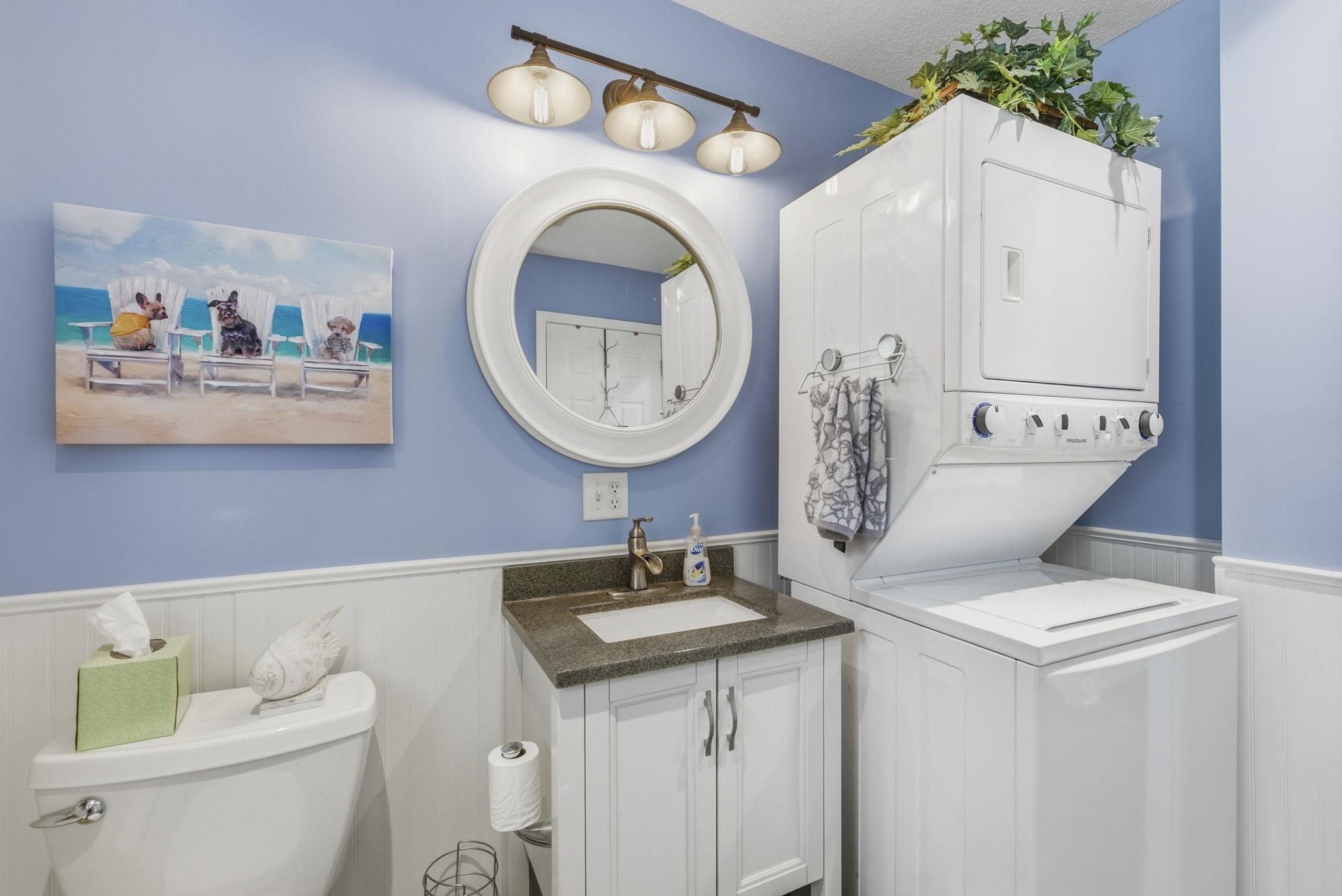 White wood paneling with blue wall paint