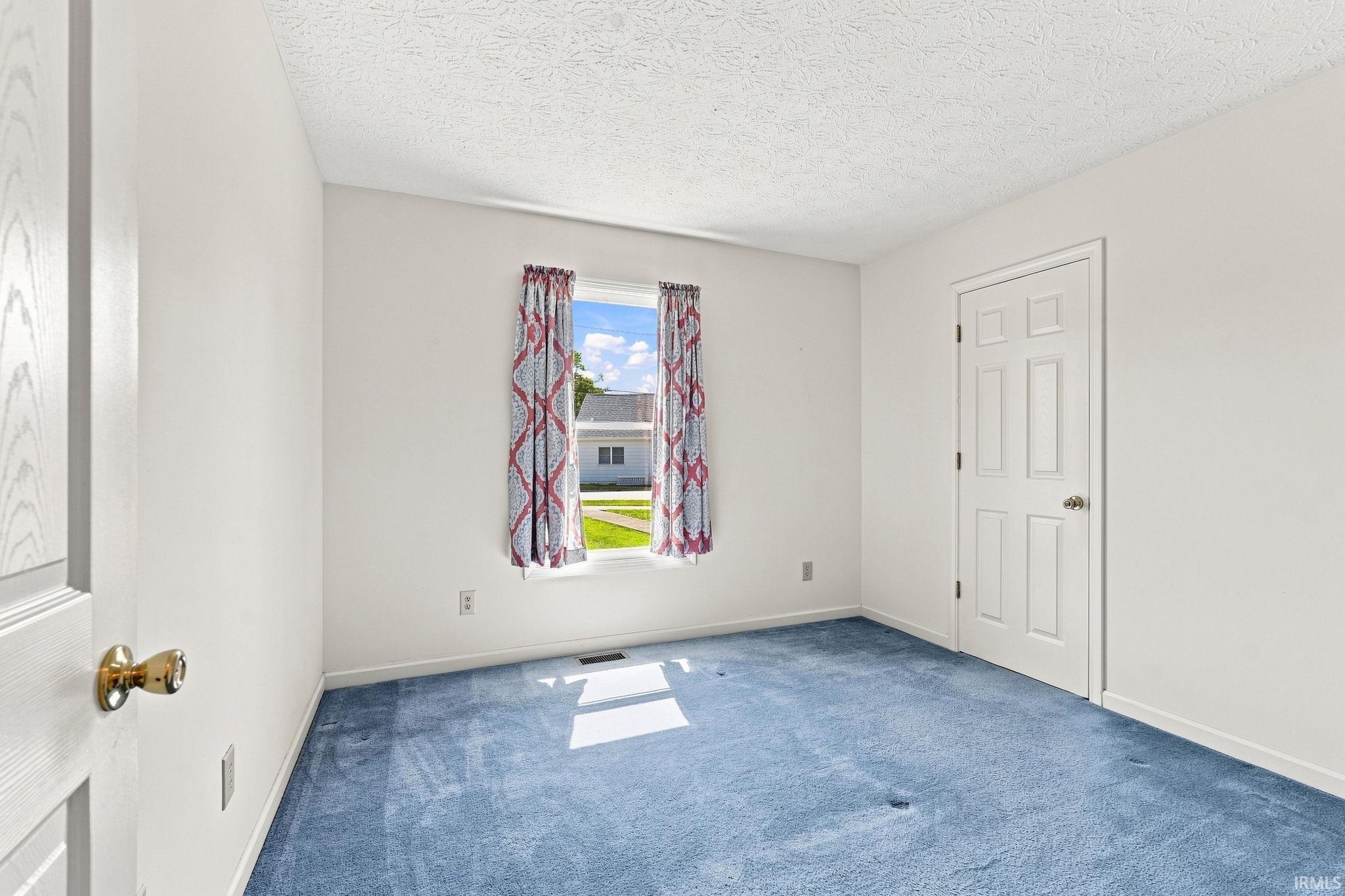 Neutral wall color, blue carpeting, single window, white trim, and a paneled door