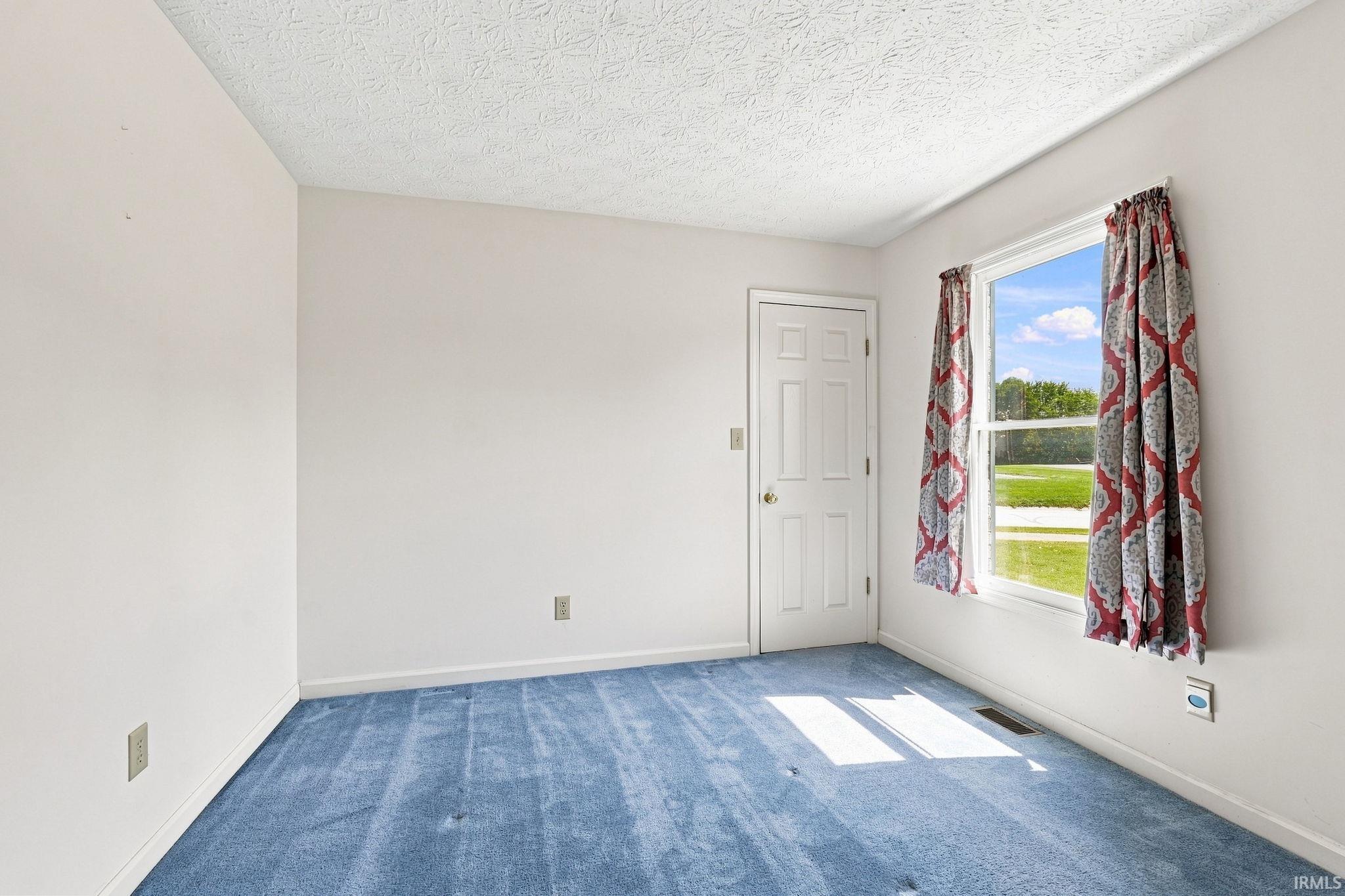 Carpeted room featuring a window with natural light, a textured ceiling, and a paneled door