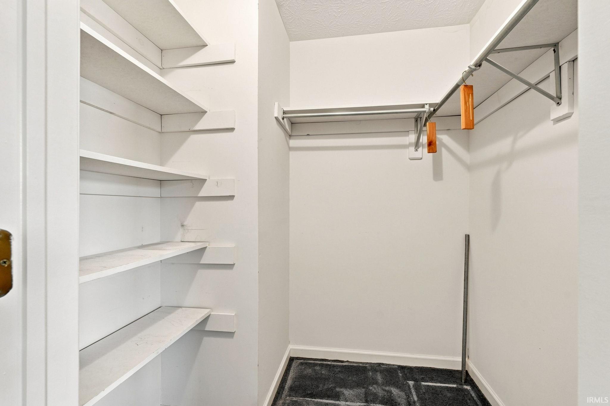 Built-in shelving, metal garment hanging rods, and white painted walls