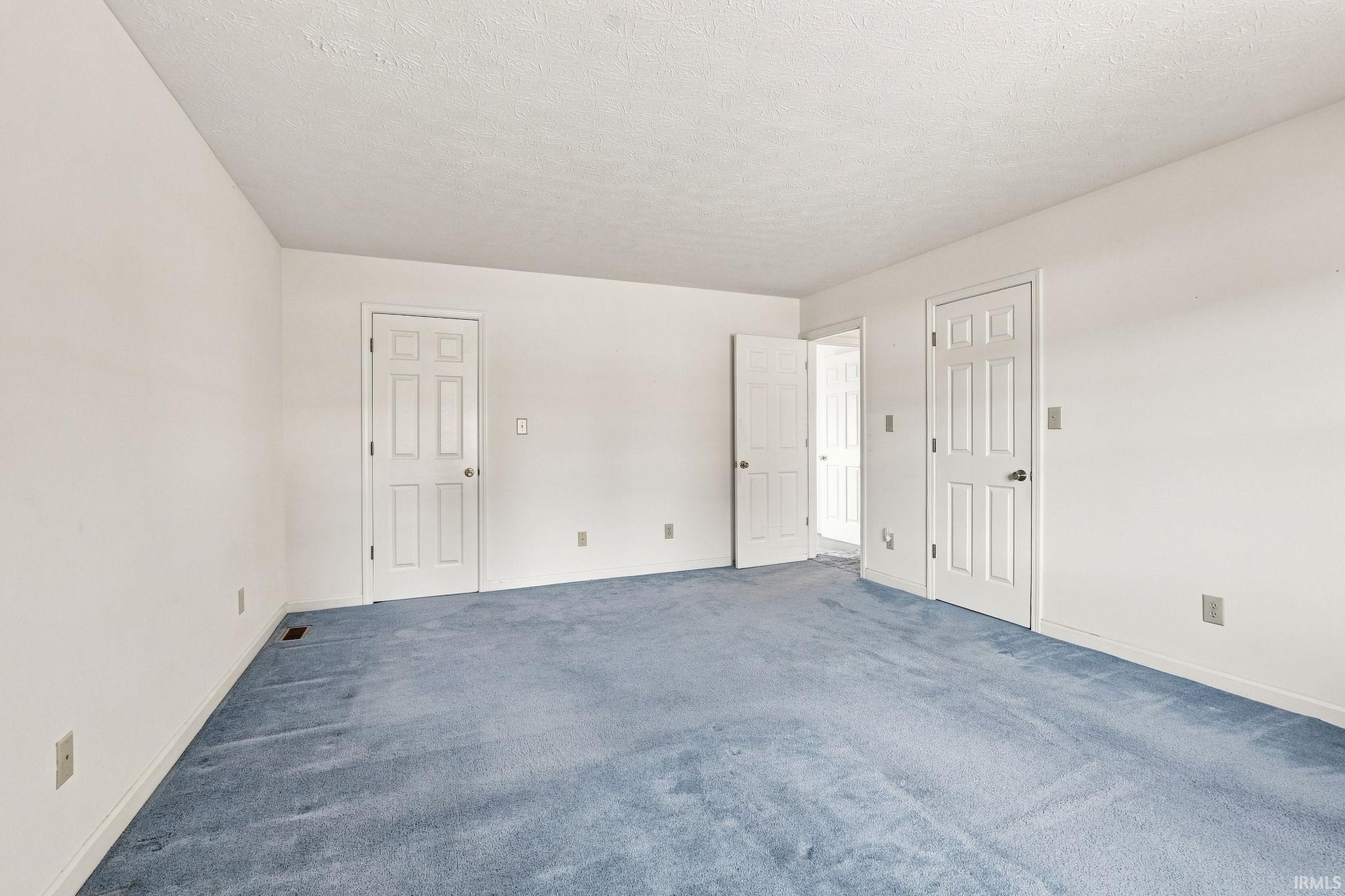 Expansive room featuring blue carpeting and multiple panel doors