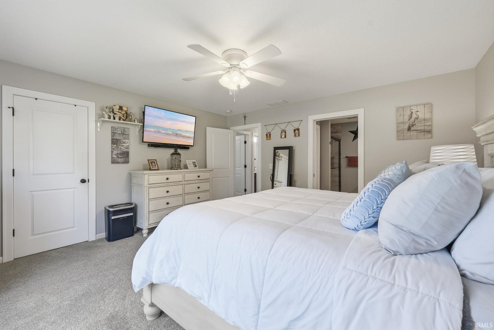 Plush carpeting, ceiling fan with integrated lighting, and white paneled doors