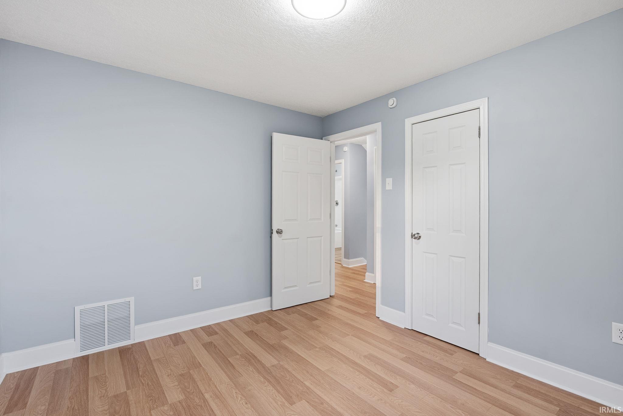 Wood-finish flooring, light blue wall paint, two six-panel interior doors, and a ceiling-mounted light fixture