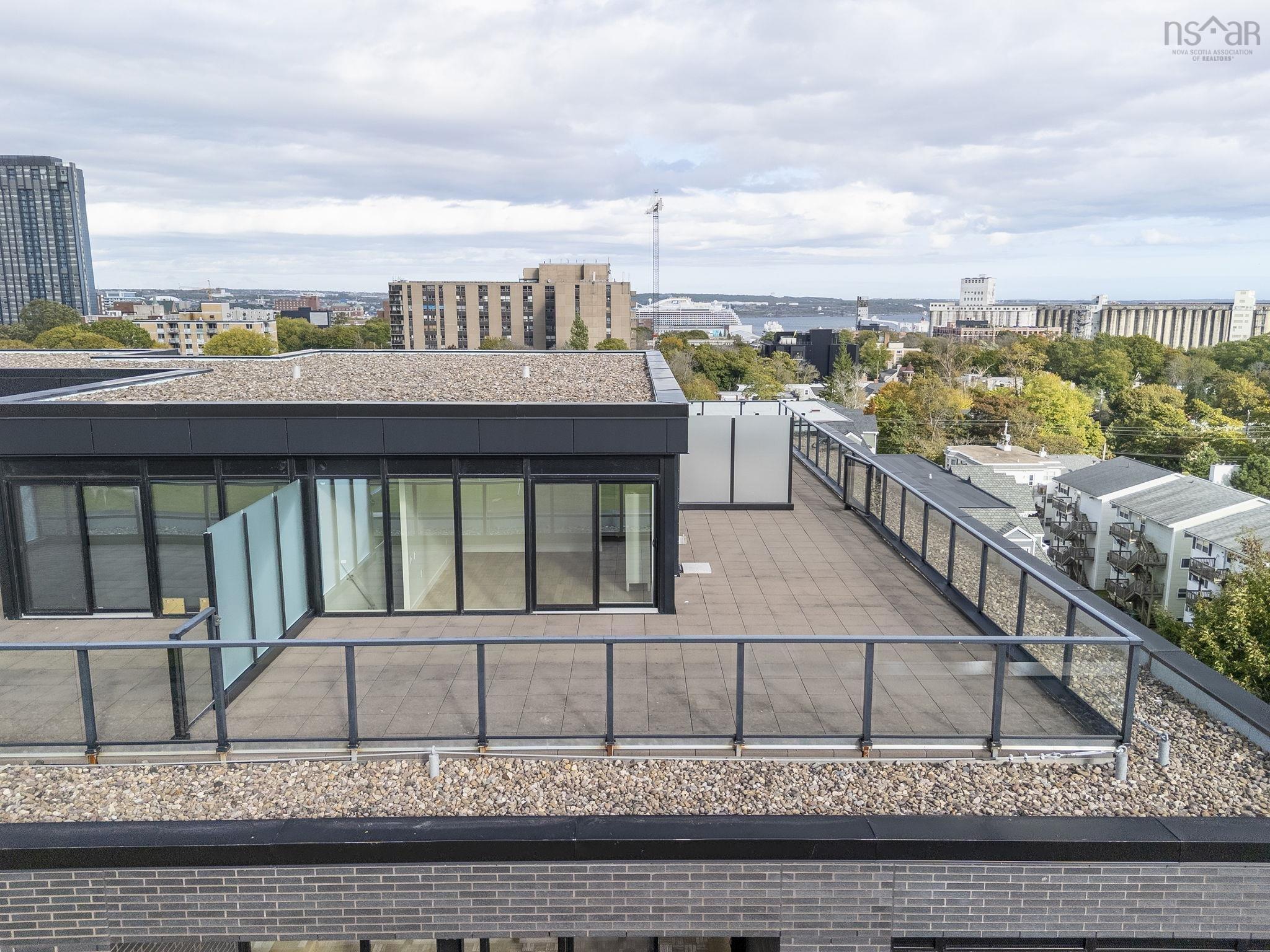815 1048 Wellington Street, Halifax, NS (MLS® 202613392) — Rooftop terrace featuring concrete pavers, glass-panel railings, frosted privacy screens, and expansive floor-to-ceiling windows