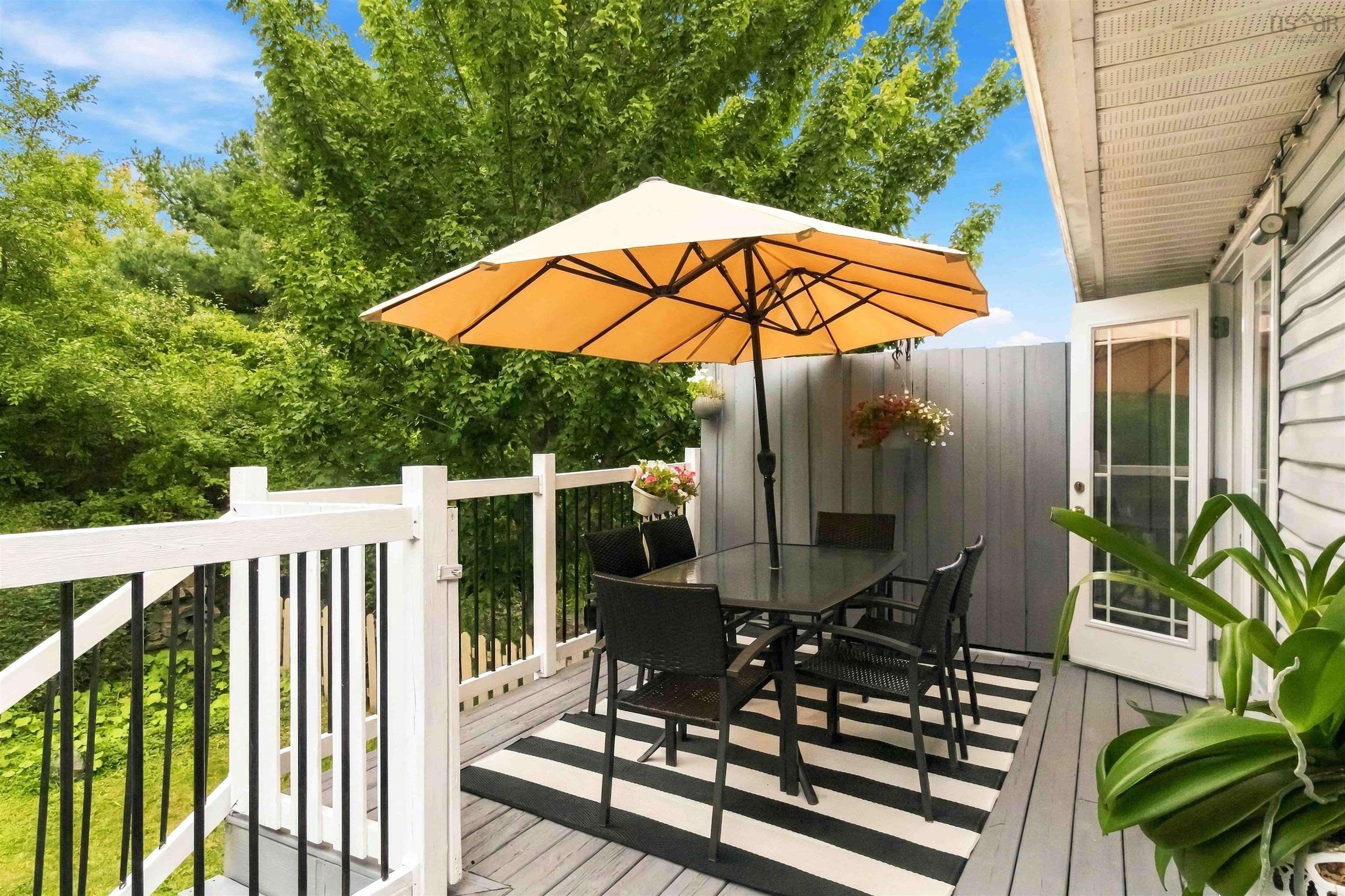 34 Lindsay Court, Lower Sackville, NS (MLS® 202624063) — Deck featuring white railings with black spindles, direct exterior access, and a privacy wall