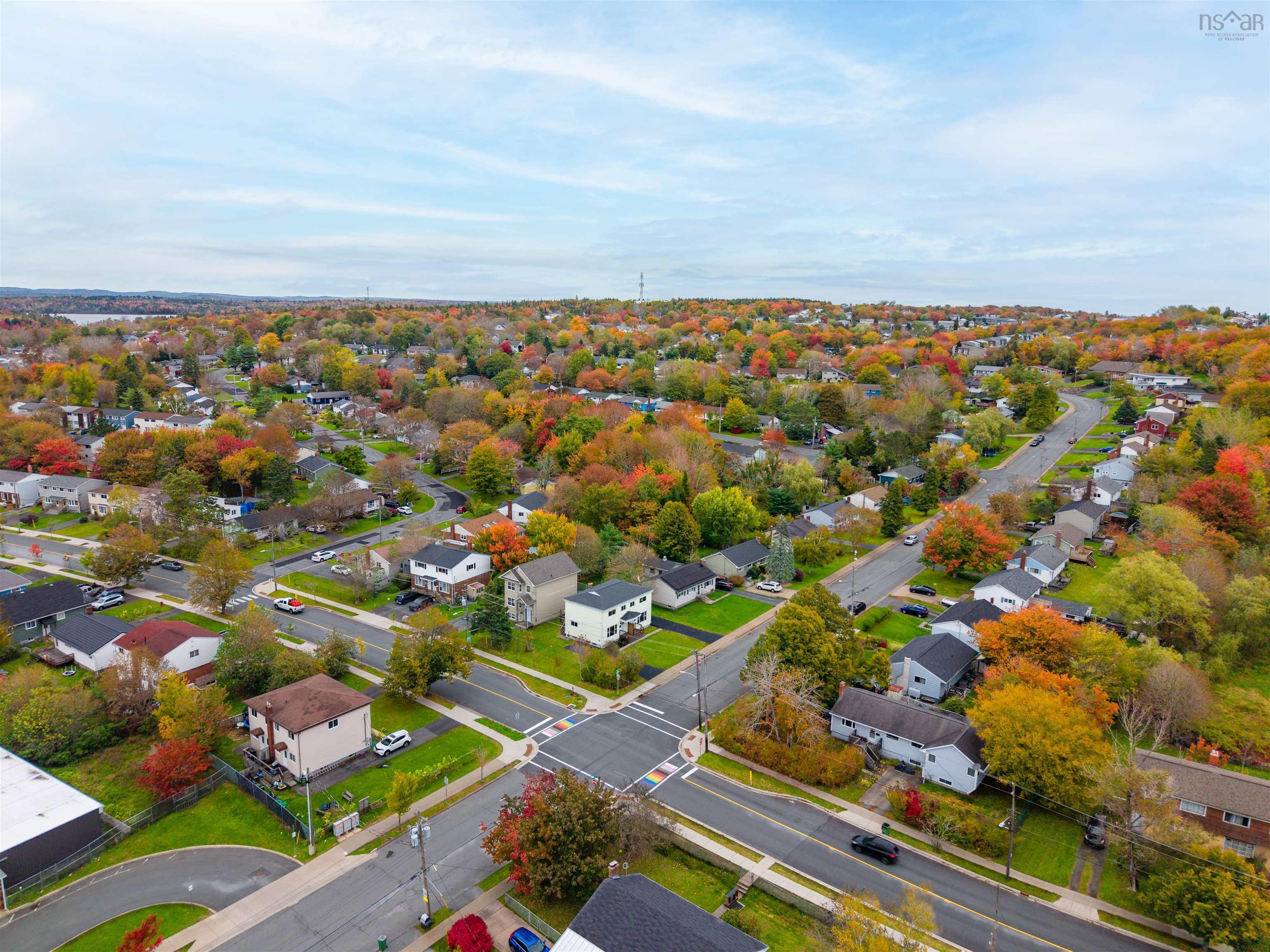 74 1/2 Belle Vista Drive, Dartmouth, NS (MLS® 202625912) — Aerial perspective of a neighborhood grid featuring mature deciduous trees and residential development