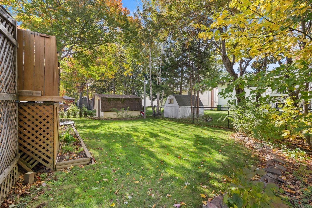 24 Rossi Drive, Dartmouth, NS (MLS® 202626410) — Rear yard featuring a grass lawn, two detached storage sheds, lattice wood privacy screening, and mature perimeter trees