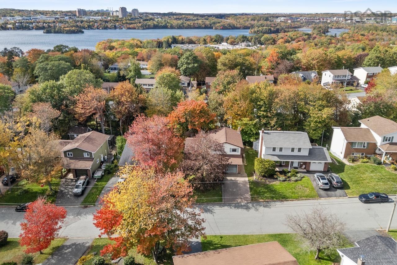 24 Rossi Drive, Dartmouth, NS (MLS® 202626410) — Aerial perspective of a neighborhood setting featuring mature deciduous trees and proximity to a large body of water