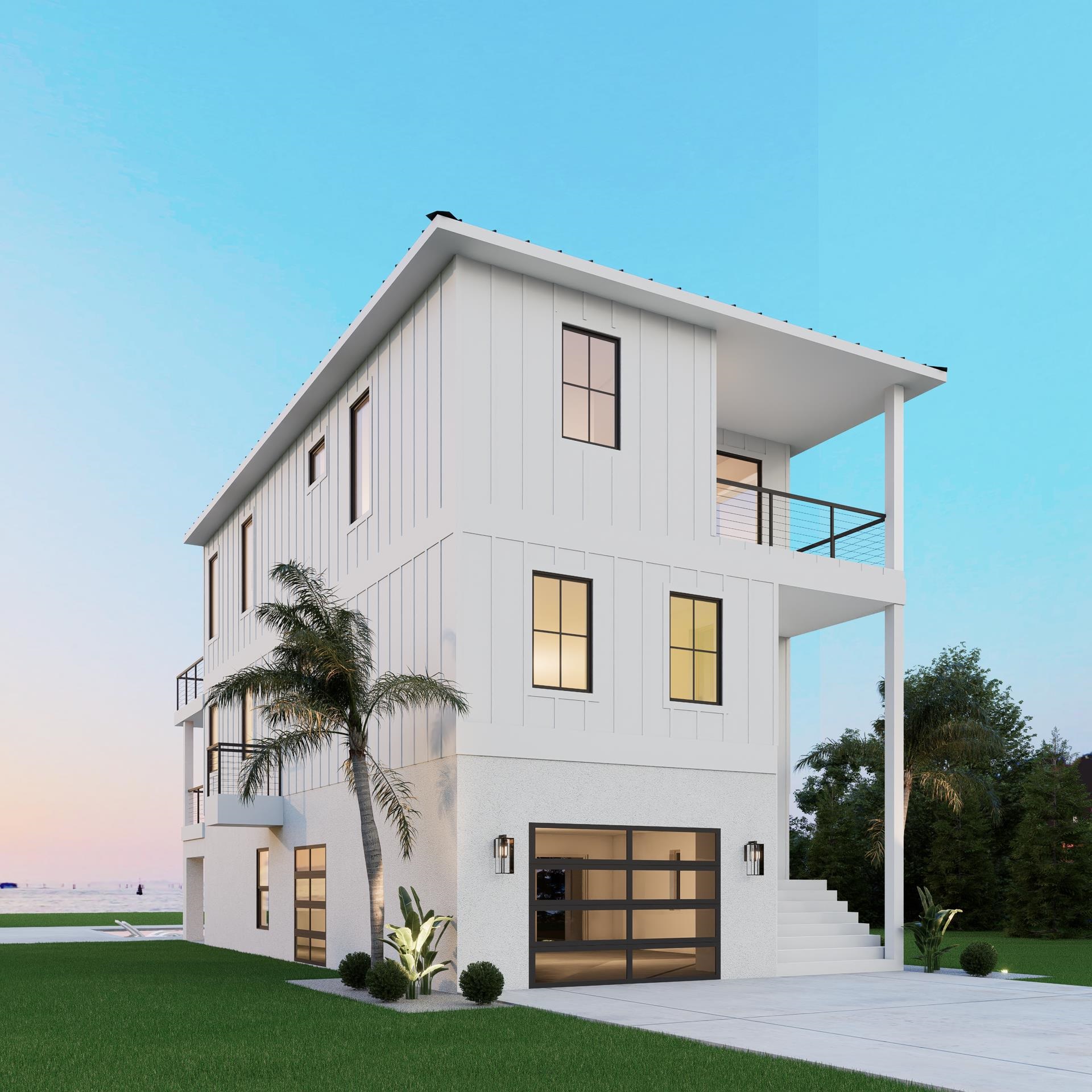 View of front facade with a balcony, board and batten siding, driveway, an attached garage, and a front yard Front Of Structure