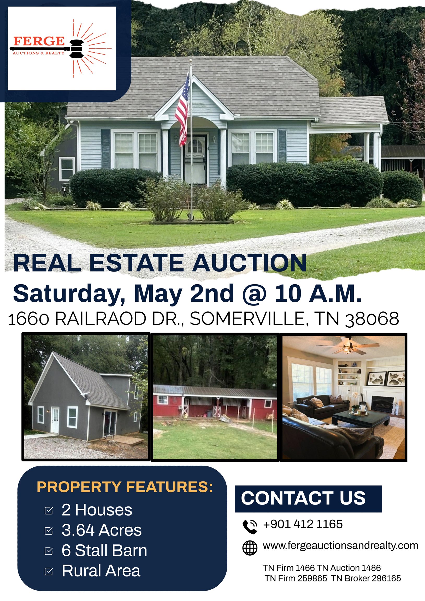 COUNTRY LIVING + INCOME POTENTIAL = DON’T MISS THIS AUCTION!  1660 Railroad Dr., Somerville, TN ?LIVE AUCTION ONLY? Preview Date: Sunday, April 26th | 2:00-4:00 PM Auction Date: Saturday, May 2nd | 10:00 AM Looking for space, flexibility, and a peaceful setting? This one checks ALL the boxes: 3.64 Acres of Quiet Country Living ,2 Homes on One Property ,6-Stall Barn + Fencing + Chicken Coop ,Charming farmhouse (3BR/1BA) with NEW roof (2023) ,BRAND NEW in-law suite (2024) – perfect for guests or rental income ,Screened porch sunsets & open pasture views  Ideal for: • Multi-generational living • Rental/Airbnb opportunity • Hobby farm or horse setup  Auction Terms: 10% Buyer’s Premium ,10% Down Day of Sale ,Close in 30 Days ,Properties like this don’t come around often, 2 homes + land + barn = HUGE potential  All Announcements the Day of Sale take Precedence over Previous Announcements and/or Advertisements