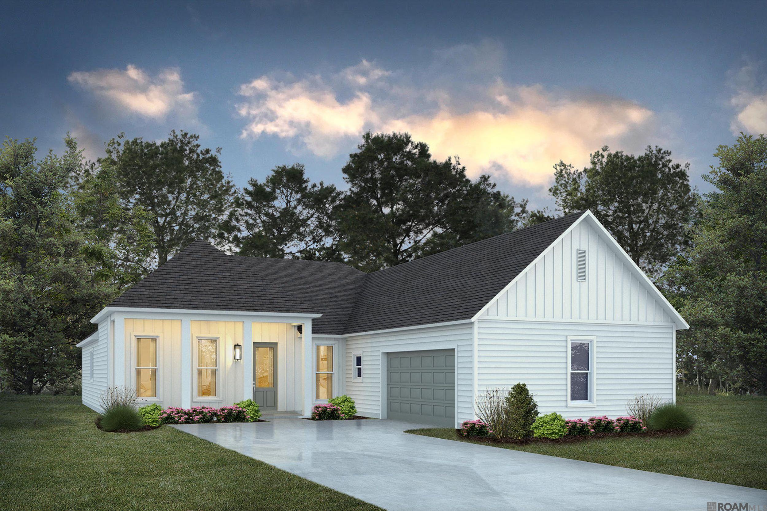 Belle Maison feature modern farmhouse homes with 19 plans to choose from. Living areas will start at 1,718 sq ft and go up. This community is in the perfect location offering quiet, peaceful living while still being close to grocery stores and shopping. As you enter your new home, its luxury finishes await.  The Darlington is a single-story 5BR/3BA home with open living spaces and 11’ ceilings. The living and dining areas feature a wall of windows overlooking the backyard. The kitchen offers a breakfast area, chef’s island, WiFi smart appliances, gas cooktop, wall oven, and walk-in pantry. The private owner’s suite includes dual vanities, walk-in shower, garden tub, WC, and walk-in closet. LVT and oversized ceramic flooring throughout, carpet in bedrooms, granite counters, full-size utility room, private garage entry, and courtyard-style back porch. Upgrades include: Expanded concrete patio (144 sq. ft.) Full-yard irrigation system (front, back & flower beds) Upgraded the fireplace surrounding tile to a level 2 Upgraded to quartz countertops throughout the home Upgraded to a gourmet kitchen which will feature a metal vent hood and microwave relocation to the kitchen island Added kitchen cabinets to the ceiling Added a trashcan pull out Upgraded the owners shower to a tiled shower with a frameless glass shower door Upgraded to have wood framed mirrors in the bathrooms Added fridge and blinds to the home