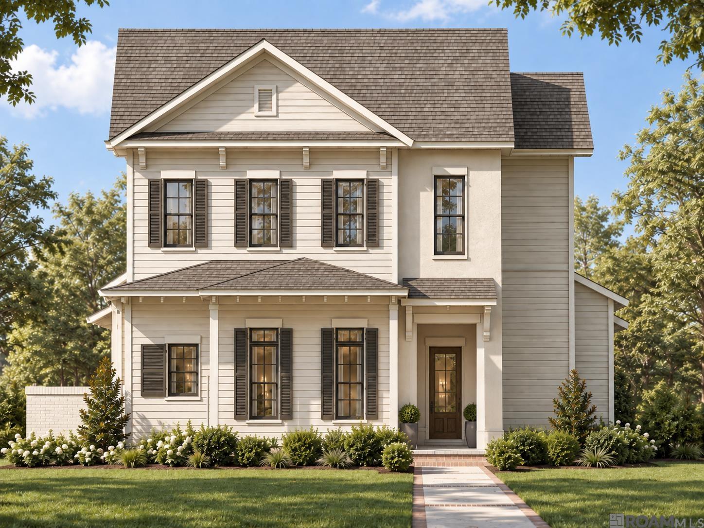 Two-story white house with black shutters, a gray roof, and a landscaped front yard.