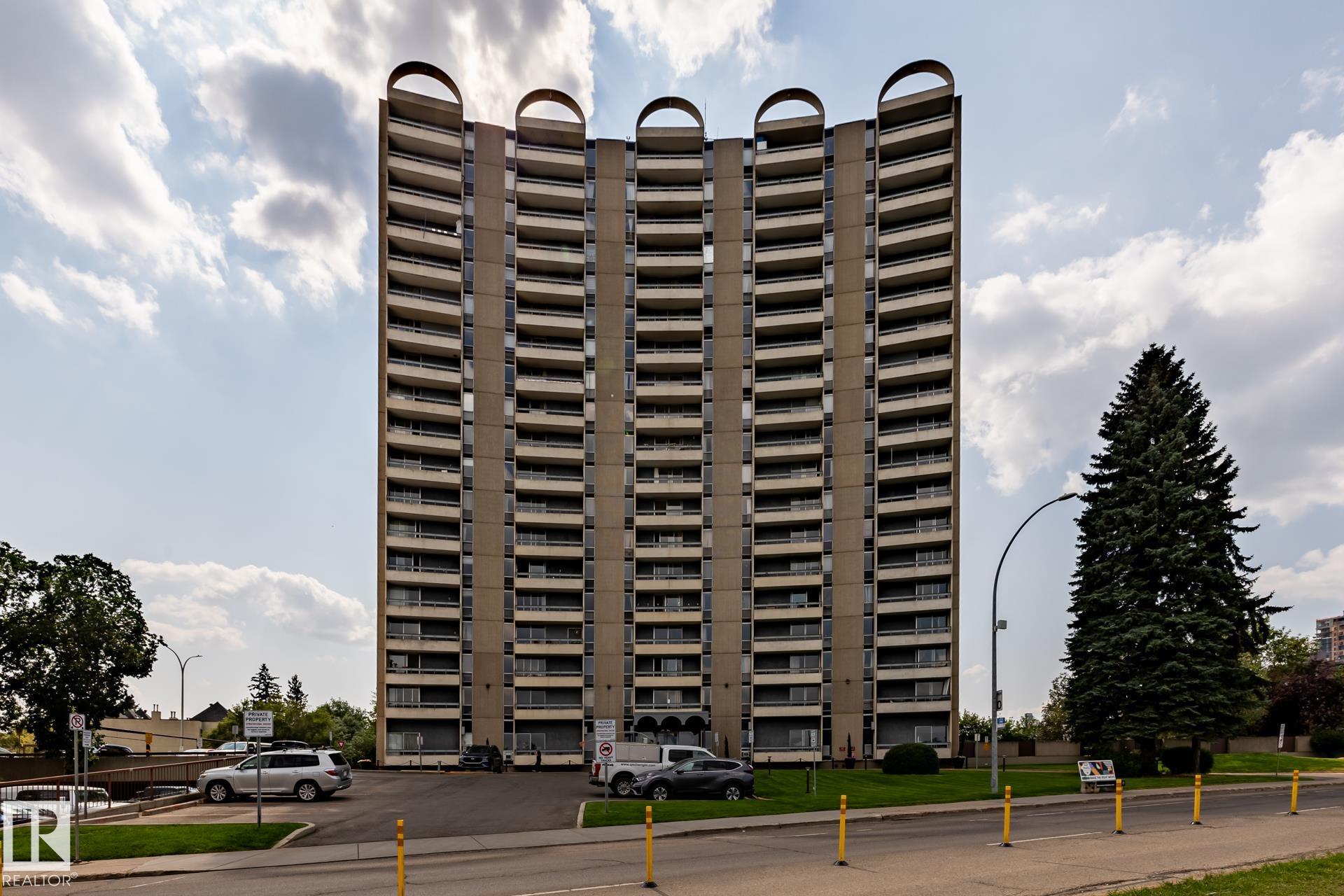 Excellent & best buy hi-rise condo on prestigious Saskatchewan Drive. This fabulous one bedroom corner unit features a stunning open floor plan with a spectacular & unobstructed panoramic view of city skyline, river valley and the beautiful night view of Downtown. Bright and spacious layout with nice sized rooms, open kitchen w/painted maple cabinetry, island w/raised eating bar & stainless steel appliances. Upgraded laminated & tiled floorings, an oversized balcony perfect for outdoor enjoyments. Walk to the U of A, Kinsman Sport & Rec Centre, River valley?s bike/walking trails just steps from the front doors. Exceptional university and river front location, well maintained building has fitness/social rooms, private garden court yard w/ gazebo and BBQ facilities, visitor parking, in-site mail delivery. Condo fee includes heat, water, power, private parking stall & more. Fabulous condo style living for starter/revenue home (great tenant in place).