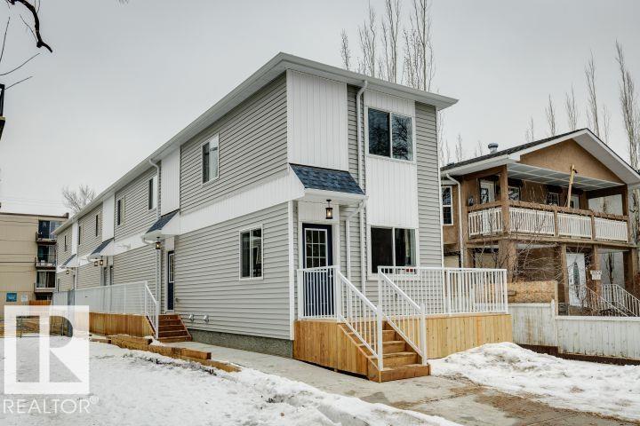 Brand new modern fourplex offers an exceptional investment opportunity in a prime location, just steps from downtown, MacEwan University & Rogers Place, with schools, daycare, NAIT, Kingsway Mall, & the Kingsway/Royal Alex LRT Station nearby. Each of the four townhomes spans three finished levels & feature 3 bedrooms & 2 full baths. Main floor features a gourmet kitchen with full-height cabinetry, stainless steel appliances, wood counter tops, complimented by subway tiled backsplash. Interiors include luxury vinyl plank flooring and two full bathrooms with tile to the ceiling. Finished basements add a large bedroom with ensuite & dual closets. Smooth ceilings throughout enhance the modern design. All units feature their own amenity space/private deck. Covered by New Home Warranty, this is a true turnkey investment. Price includes $65,000 gst; get 100% of that gst back with the New Residential Property Rebate Program. See the GST/HST memorandum 19-3-9.