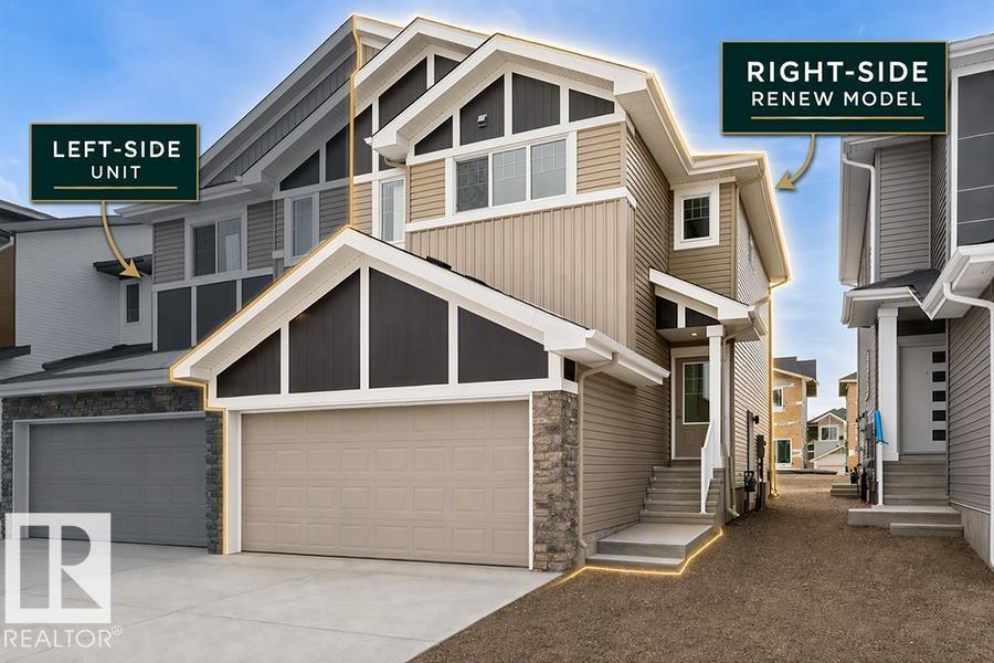 Experience the perfect blend of style and function in The Renew, a sophisticated half-duplex featuring 9-foot ceilings on both the main floor and basement levels. This open-concept home is finished with luxury vinyl plank flooring and a welcoming foyer that leads into a gourmet kitchen. The kitchen is a standout with upgraded soft-close Thermofoil cabinetry, quartz countertops, a corner pantry, and a central island with a Silgranit undermount sink. High-end touches include a chimney-style hood fan, built-in microwave, and elegant pendant lighting. The great room, anchored by a modern electric fireplace, offers large windows and access to the future deck. Upstairs, you will find a versatile bonus room, dedicated laundry, and three spacious bedrooms, including a primary suite with a walk-in closet and private ensuite. Complete with a separate side entrance, a double attached garage with a floor drain, and brushed nickel accents throughout, this home is move-in ready.