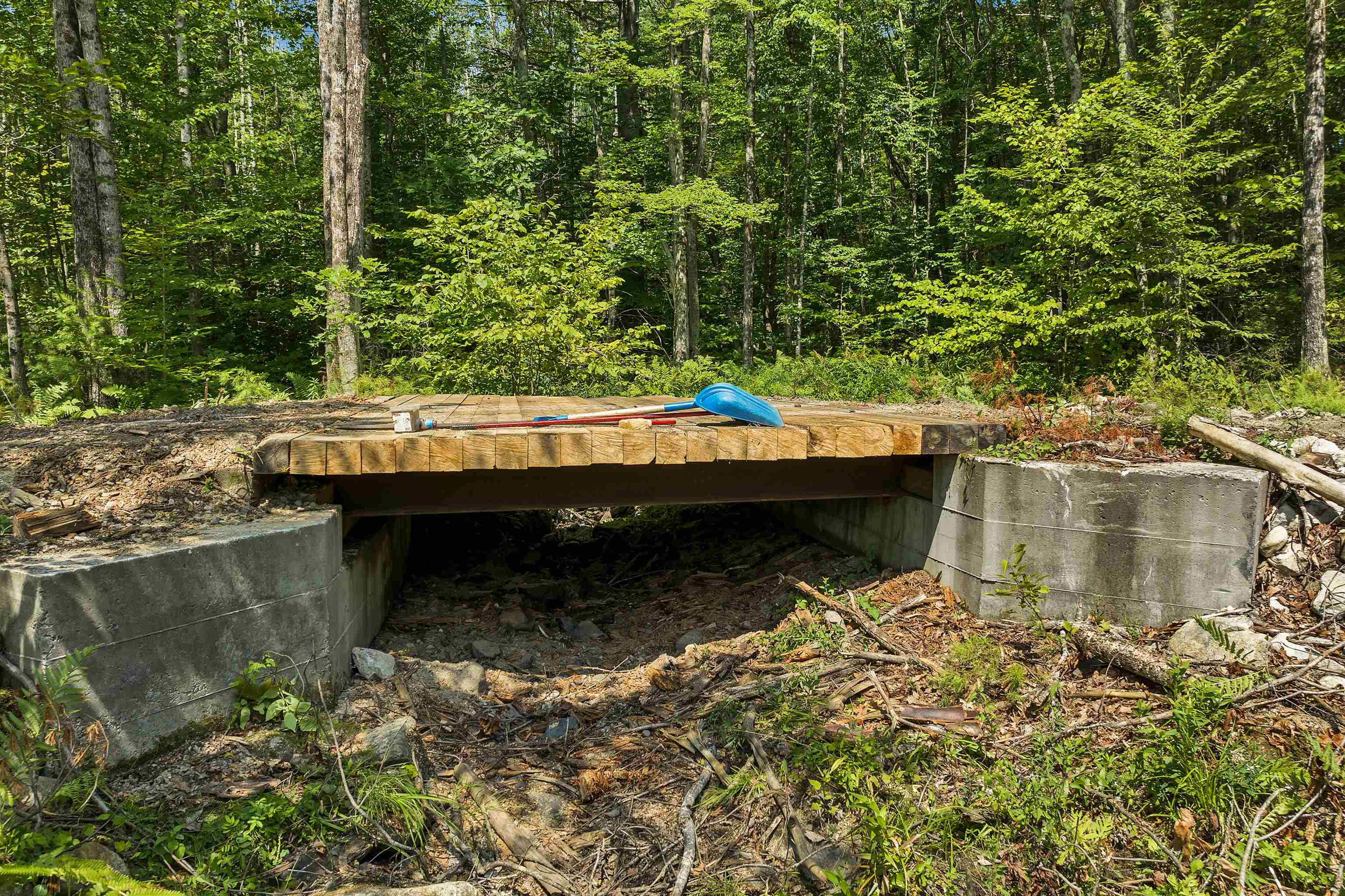 Wooden Bridge with Cement Buttresses over Stream