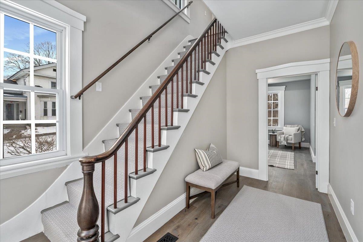 Walnut Staircase with Imported Greek Key Runner From England