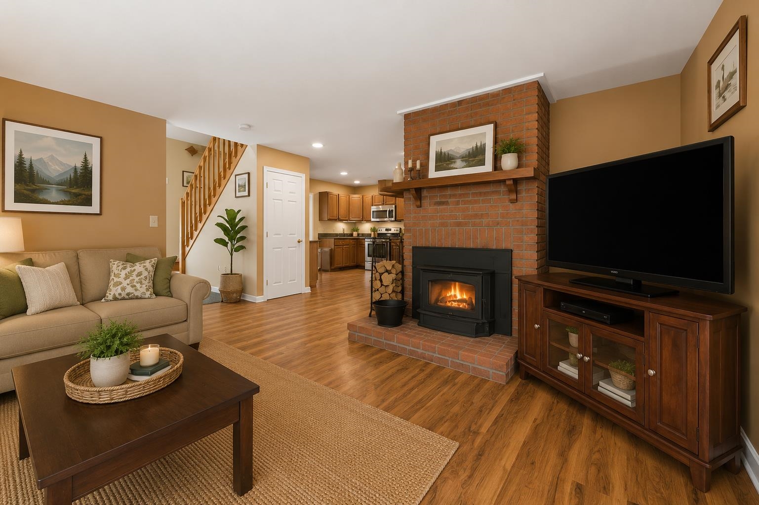 The living room even features a built in wood stove for those chilly nights
