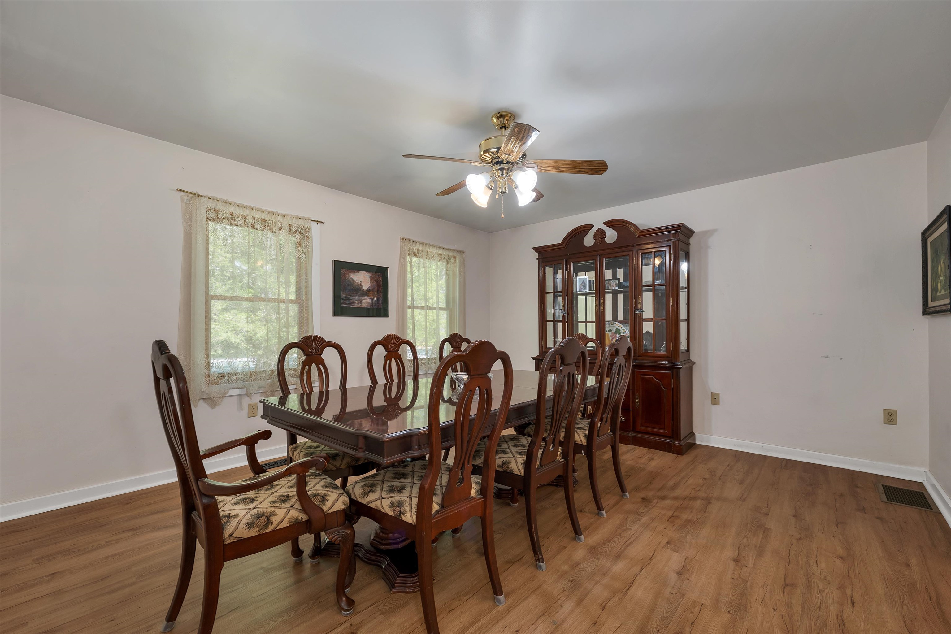 A dining room ready for holidays, dinners, and everyday meals.