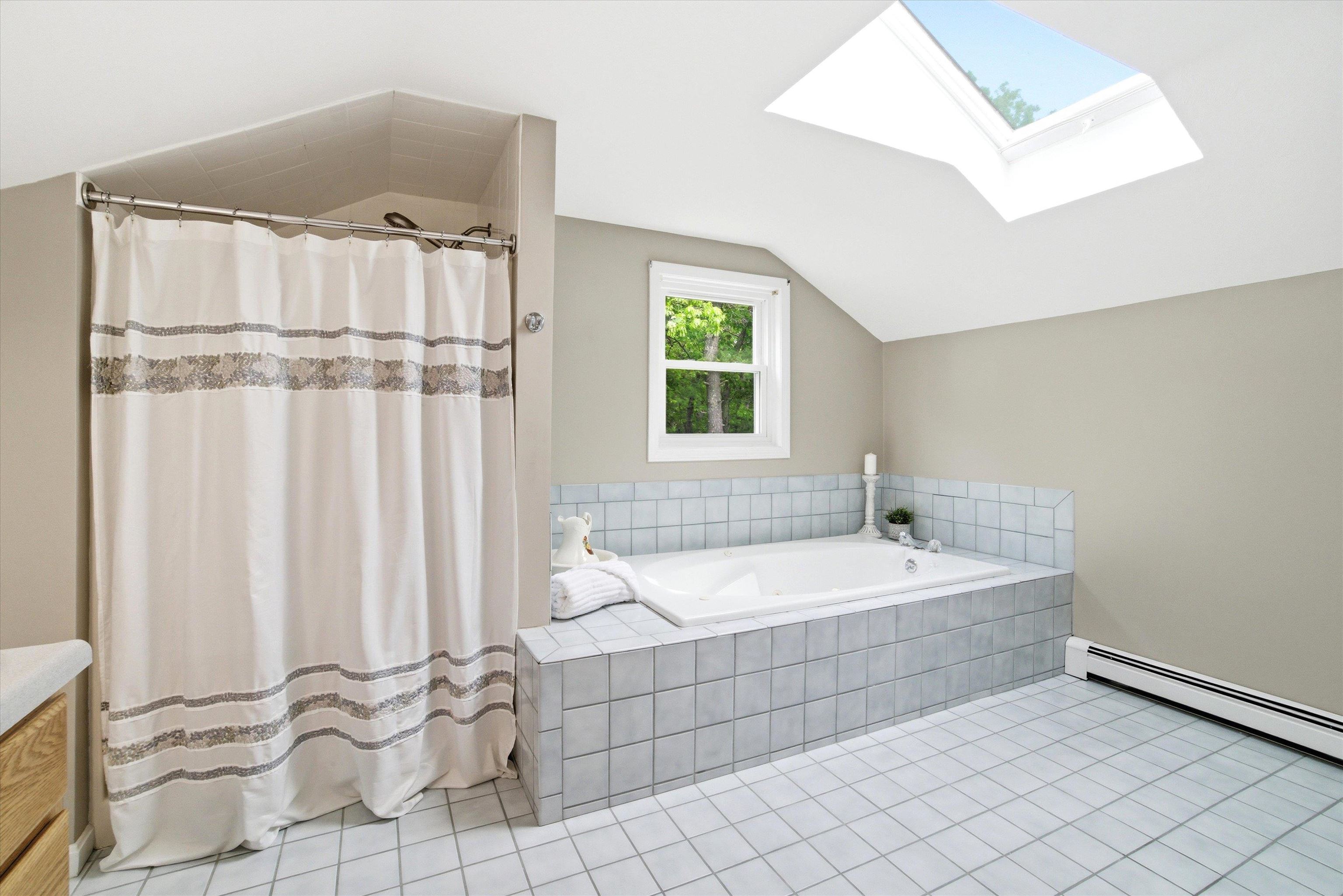 Primary bath with jetted tub, skylight, and separate shower.
