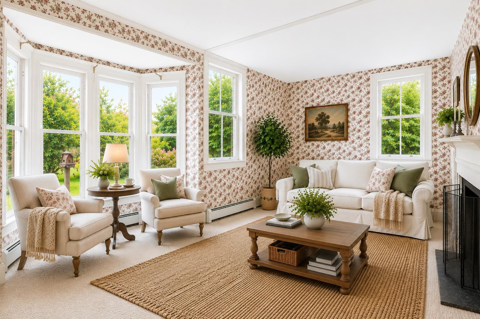 Virtually staged, cozy, sunny back living room