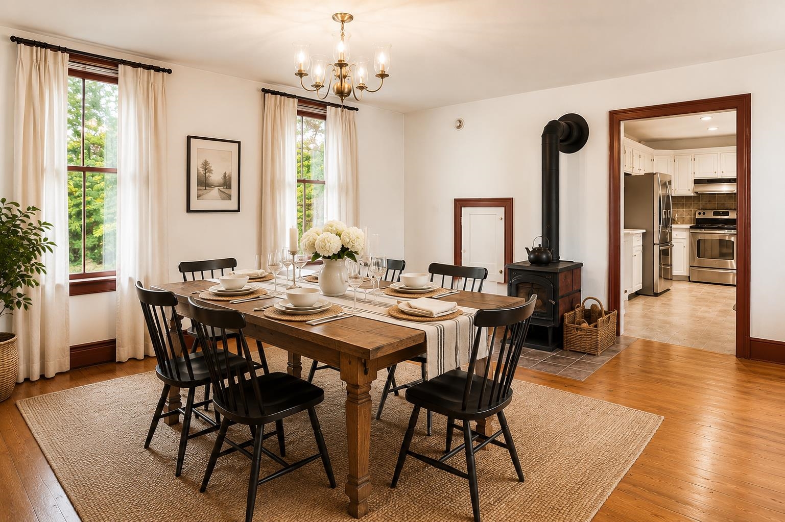 Virtually staged dining room facing kitchen