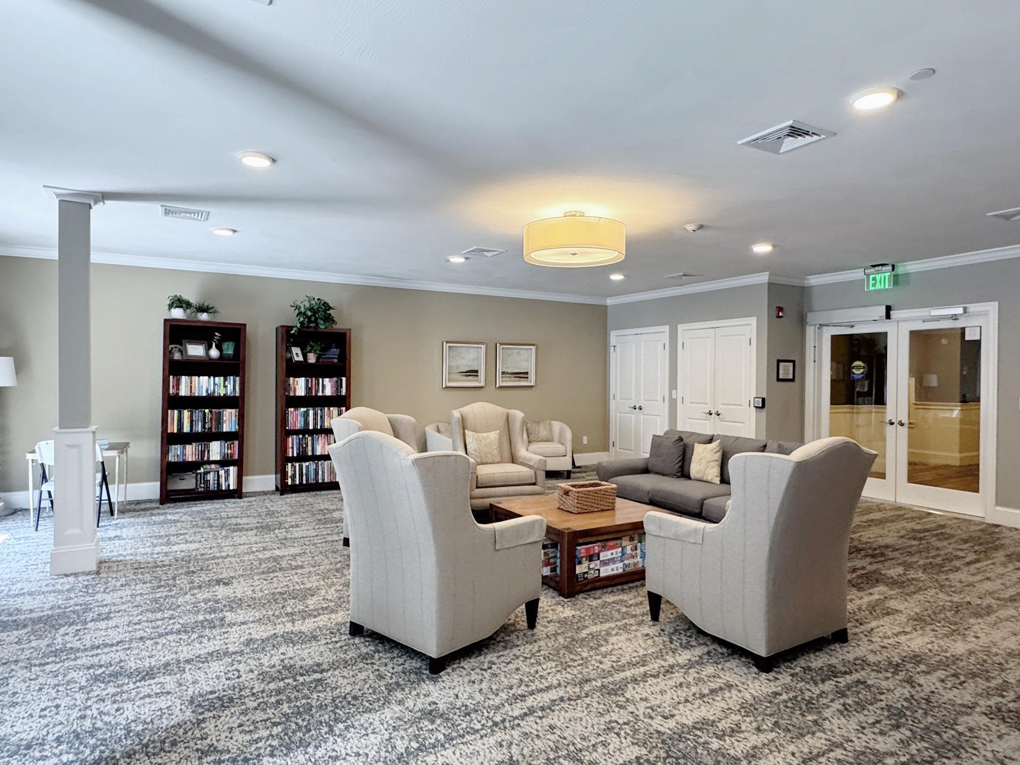 Open Community Room with Fireplace