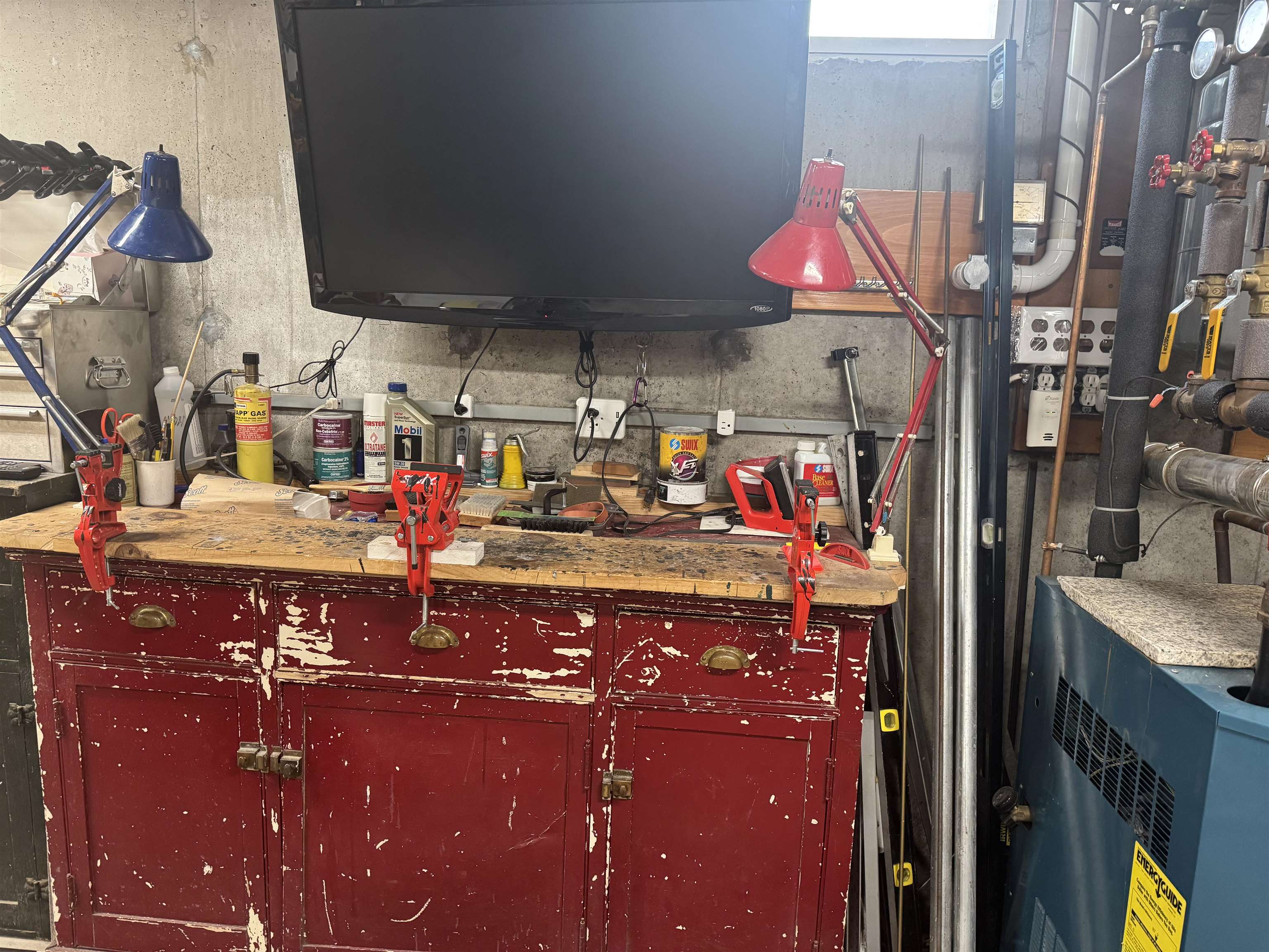 ski tuning bench in the unfinished basement