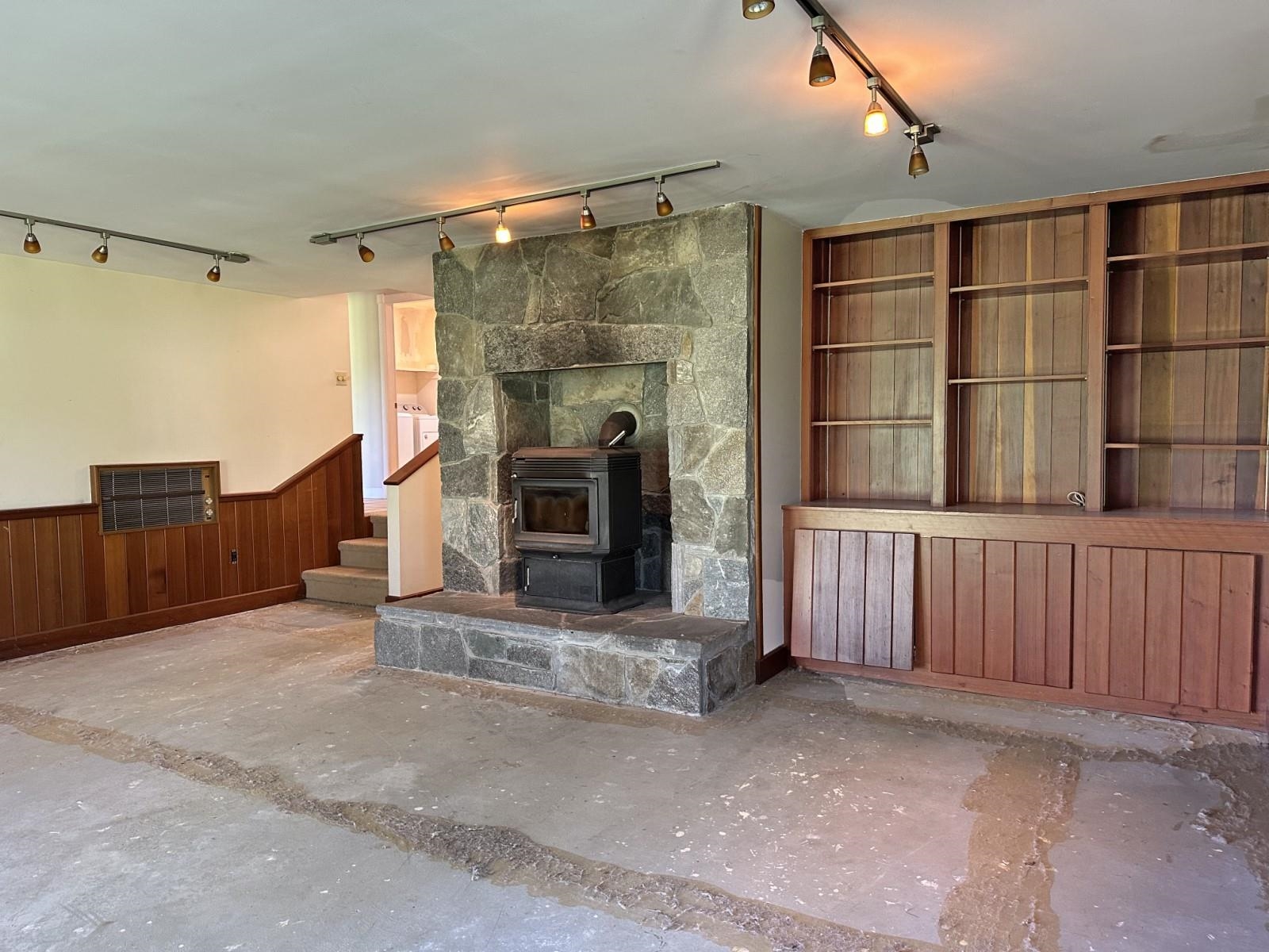 Pellet Stove and Built-Ins in Rec Room