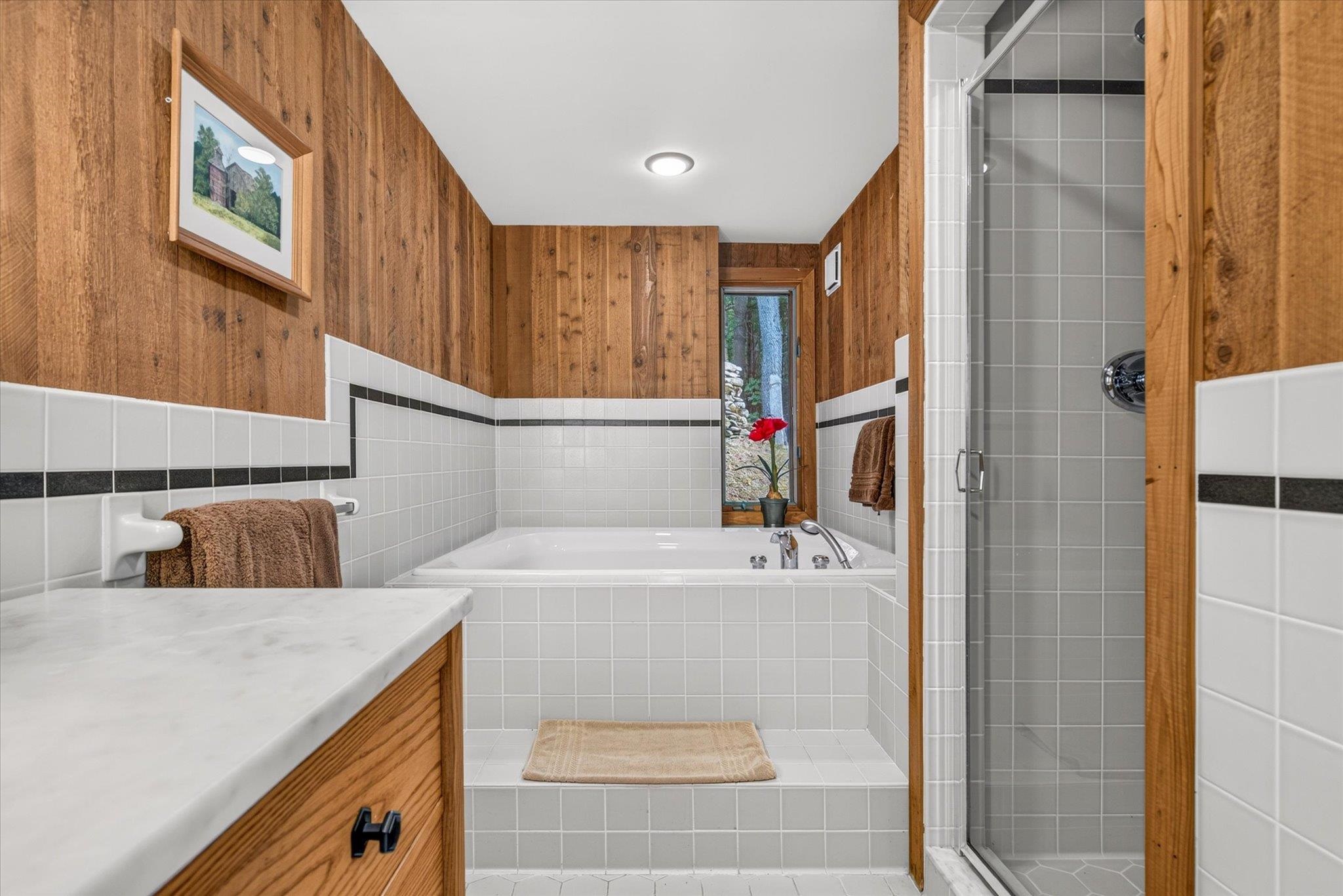 Jetted tub, separate shower and sauna