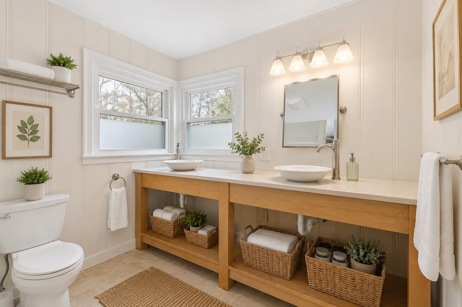 The first floor bathroom features double sinks, a full tub and even a closet for hidden storage