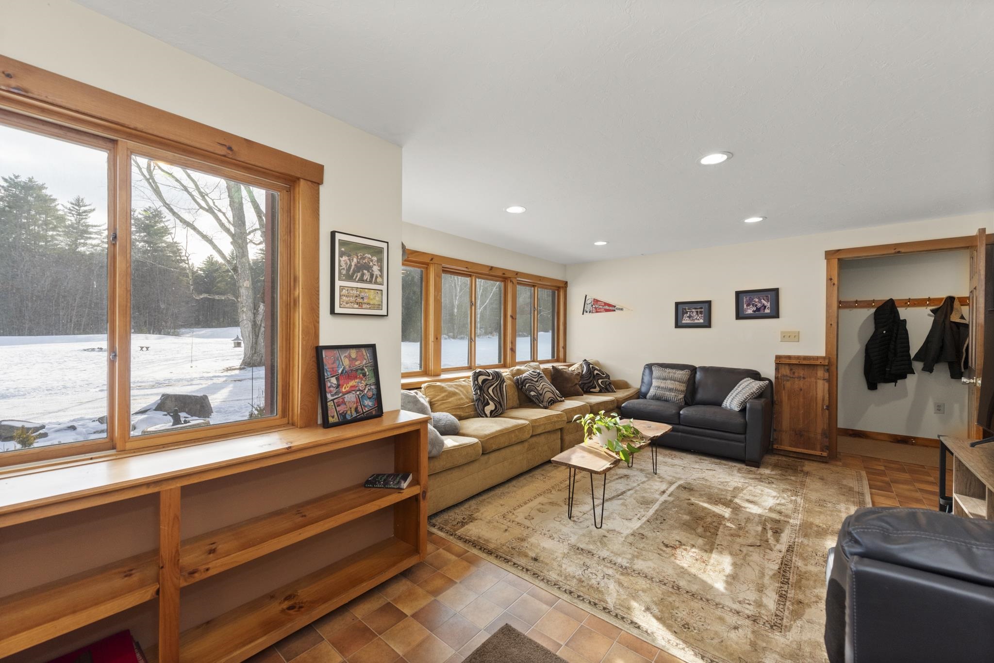 Natural light floods this lower level