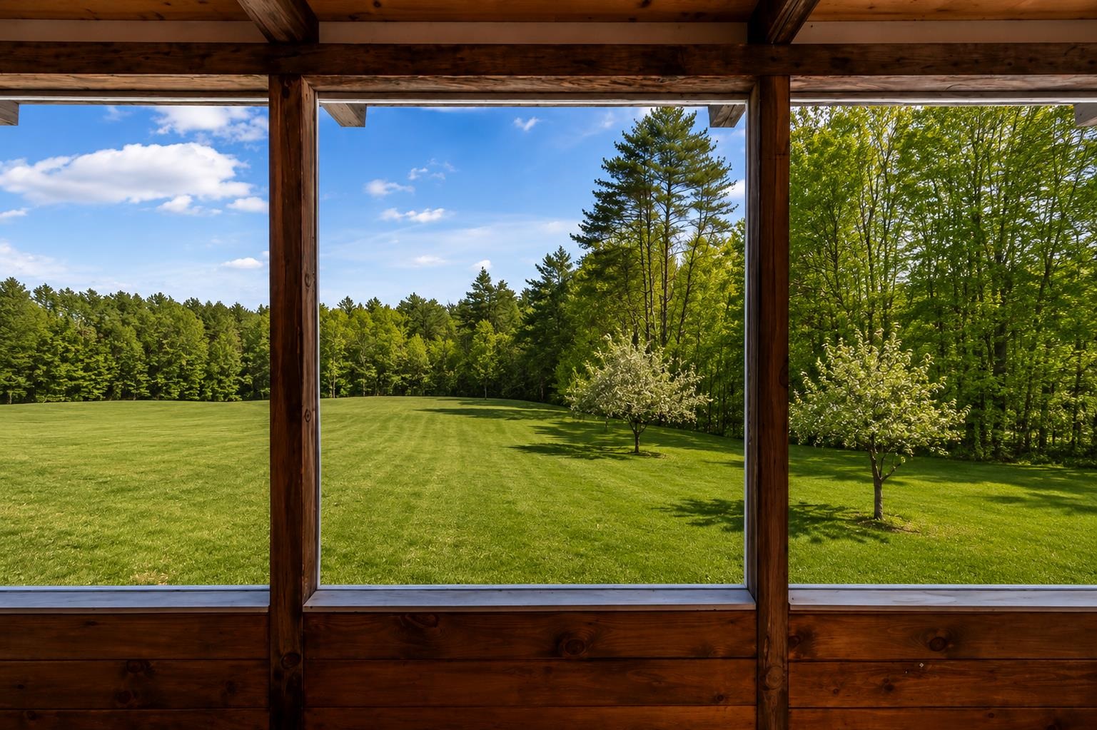 The cottage overlooks the grassy yard with fruit trees