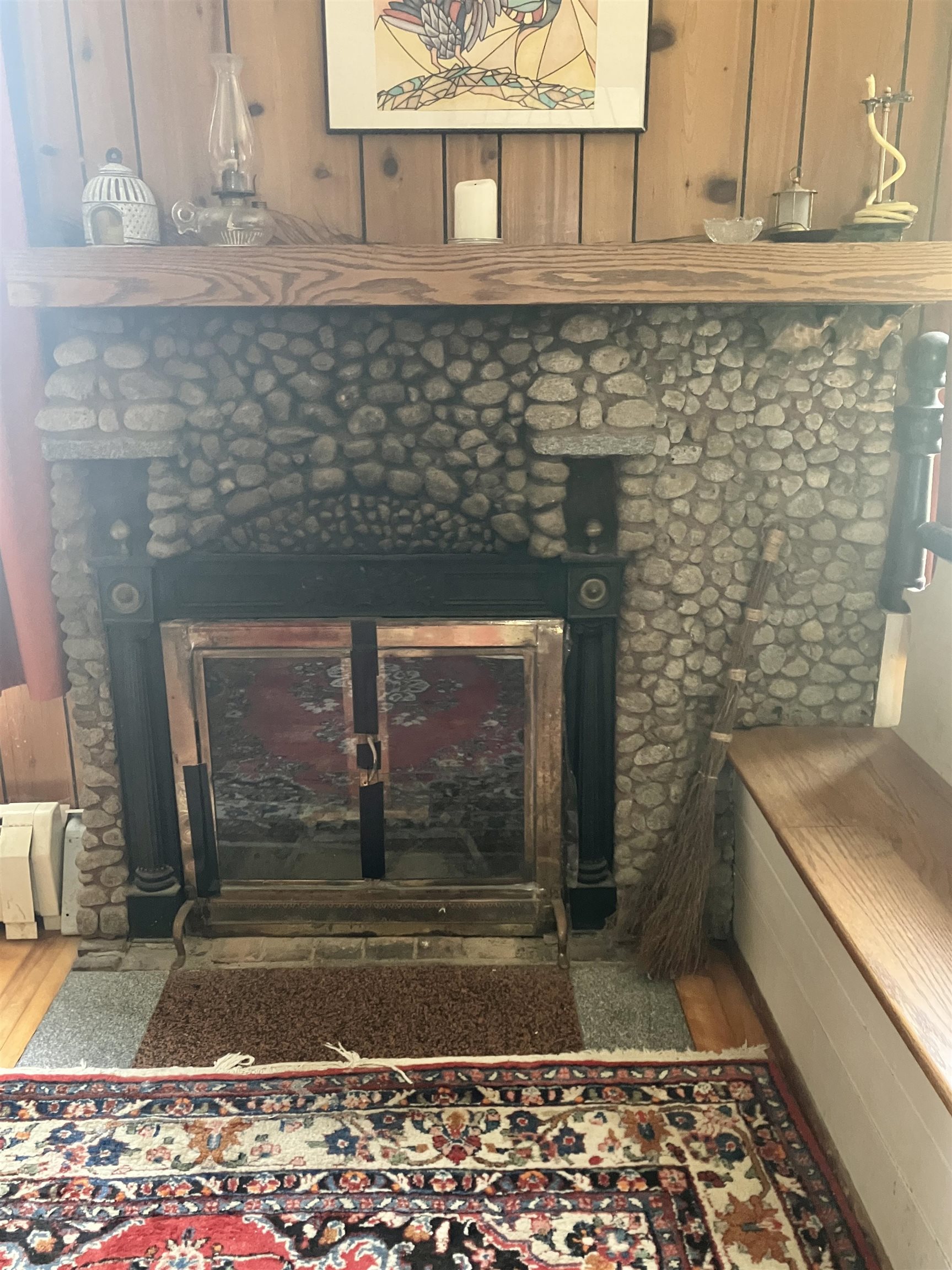 Wonderful cobbled river stone fireplace