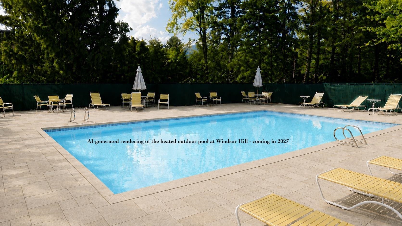 AI generated rendering of future outdoor heated pool at Windsor Hill - coming in 2027