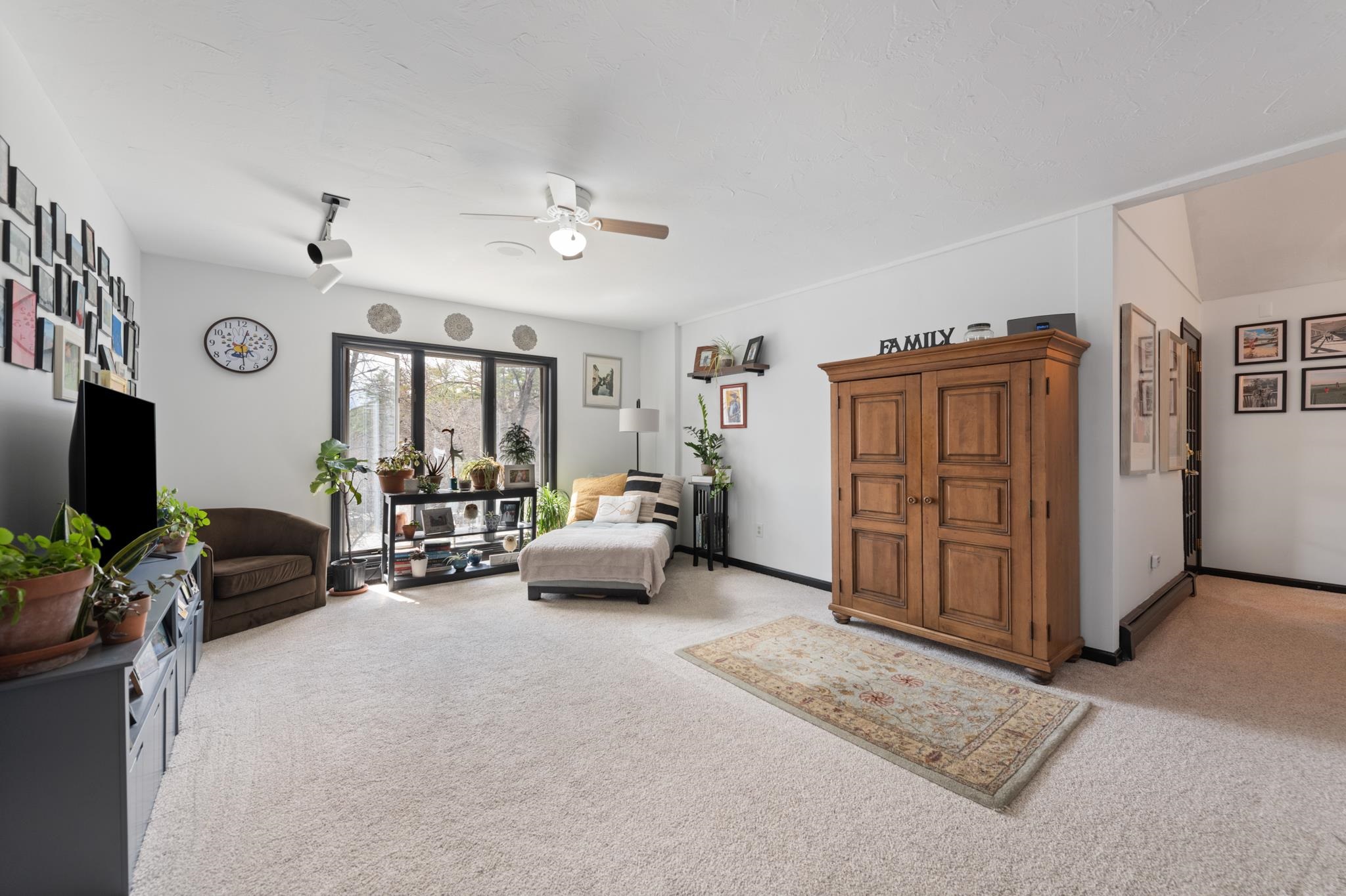 The living room is flooded with natural light
