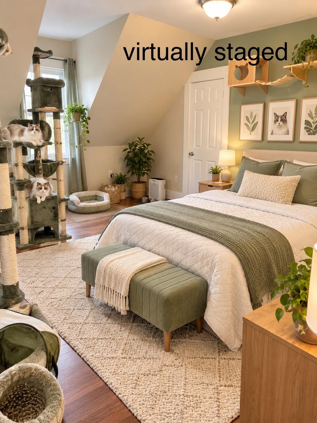 Upstairs back bedroom with virtual bed and staging