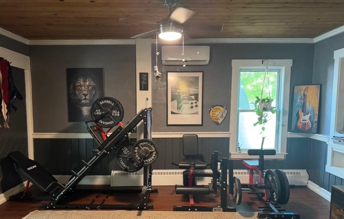 Dining area used for exercise, note mini split