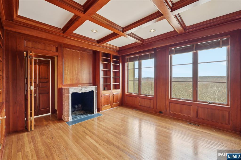 Library with fireplace .