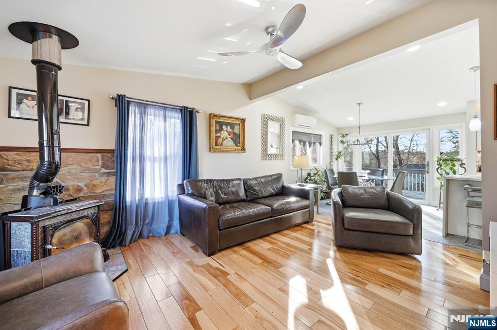 Living room with wood burning insert