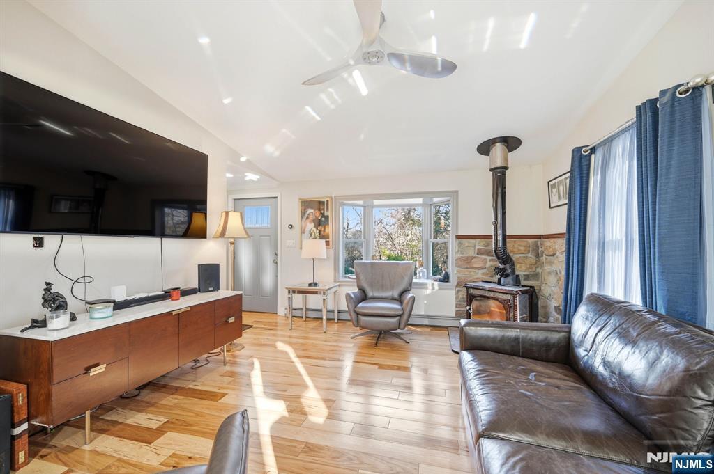 Living room with wood burning insert